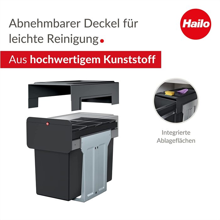Hailo EcoLine Design Trio L Built-in Waste Separation System - Trio Waste Bin with Full Extension - Steel Sheet - Black - 25.6 x 41.8 x 48.6 cm - 3 x 10 l (3 x 10 Liters)
