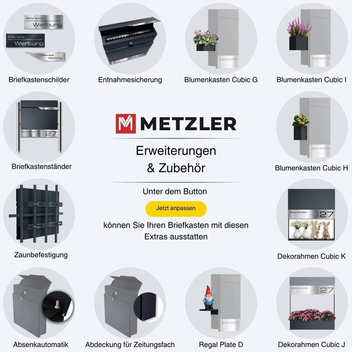 Поштовий ящик Metzler Anthrazit RAL 7016 з газетницею та табличкою з нержавіючої сталі V2A, антикорозійний, сучасний, 10 років гарантії на запчастини