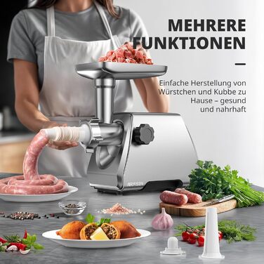 М'ясорубка електрична AIRMSEN з насадкою для ковбас, 2 сталеві ножі, 3 диски, насадка Kubbe, потужний мотор, нержавіюча сталь