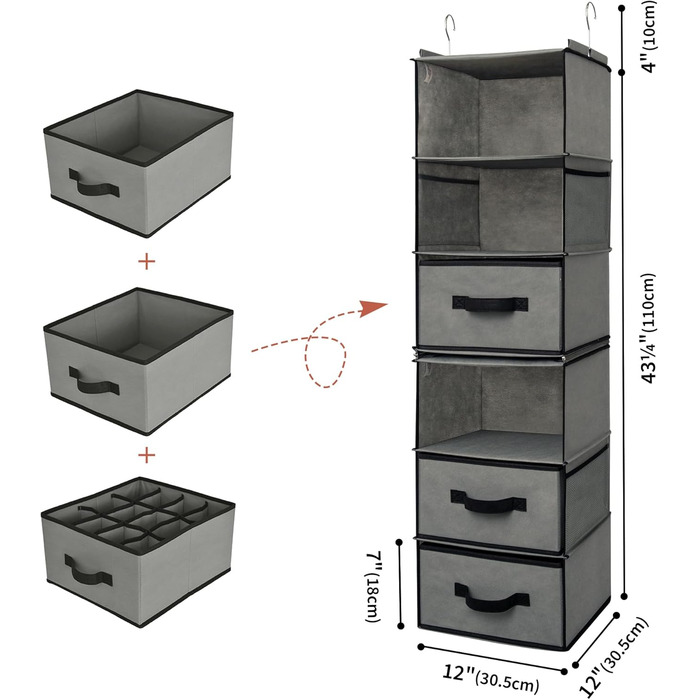 Органайзер для шафи GRANNY SAYS, підвісний, з шухлядами, 1 шт. - підвісне зберігання, полиця для шафи, тканинний органайзер для спальні (сірий, роздільник)