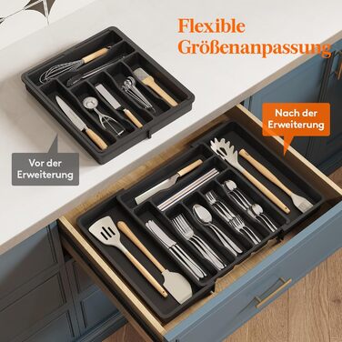 Lifewit Small Cutlery Organizers for Drawers, Expandable Cutlery Insert for Kitchen Drawers, Adjustable Cutlery Box Plastic Cutlery Spoon Fork Knife Holder, 2-Pack, Black