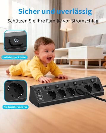 Мережевий фільтр з USB-C, 6 розеток, кабель 2м (4000W, 16A), розподільний блок для кухні/офісу, чорний