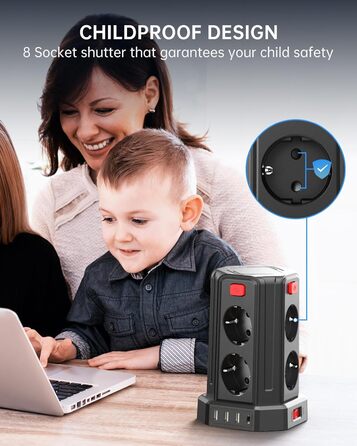 Мережевий фільтр Sameriver з 4 USB, 8 розеток, захистом від перенапруги, вимикачем та 2м кабелем, чорний