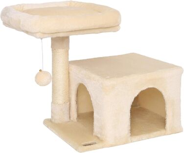 Cat scratching post with a cozy lying area & cave, height 50 cm, cat tree with plush ball incl. bell, sisal rope & soft plush, suitable for small & large cats, beige