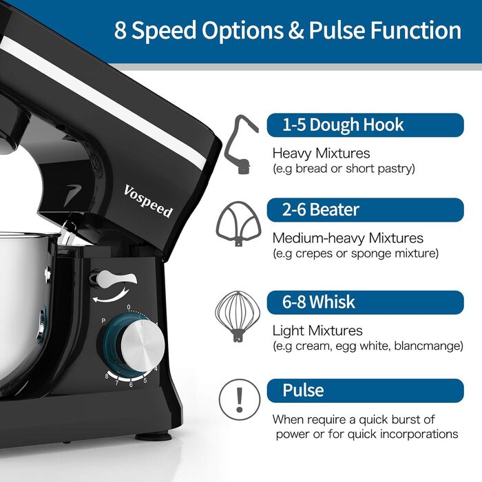 Планетарний міксер-тістоміс Vospeed, 5QT, 8 швидкостей, з чашею з нержавіючої сталі та набором насадок (гак, вінчик, міксер), чорний