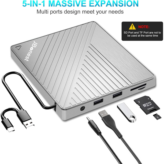 Зовнішній CD/DVD привід USB 3.0 Type-C з картридером SD/TF, портативний RW-записувач для ноутбука, ПК, MacBook (Windows, macOS, Linux), сірий