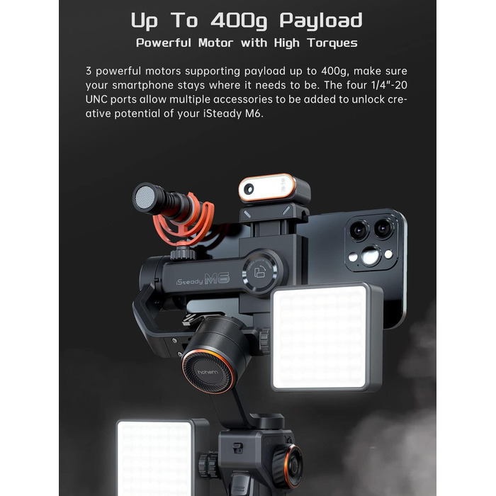 Штатив-стабілізатор Hohem iSteady M6 Kit для смартфонів з AI-трекером та світлом, 3-осьовий, OLED-дисплей, 400г