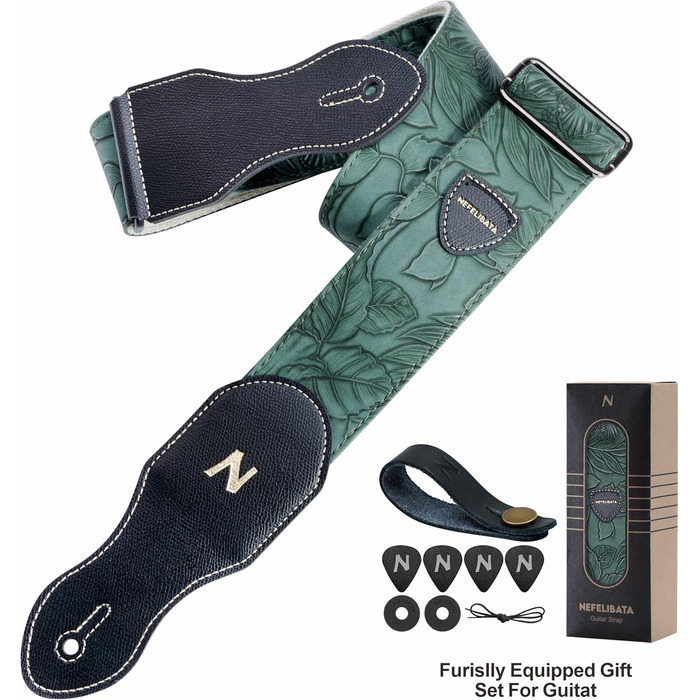 Гітарний ремінь Nefelibata з кишенькою для медіатора, 2.3-дюймовий шкіряний ремінь у стилі Porter, якісна шкіра, вінтажний стиль 60-х, вестерн, з медіаторами, кнопками та застібками. Регульована довжина: 42-66 дюймів. Колір: C# - Зелений