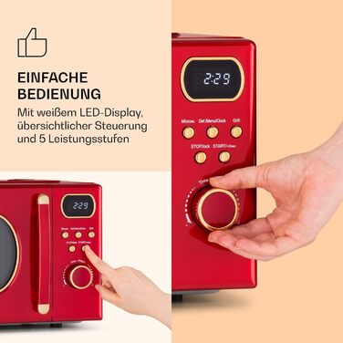 Мікрохвильова піч Klarstein з грилем, 800 Вт, 20 літрів, з функцією розморожування та піци, поворотний стіл, компактна, проста у використанні (червона)
