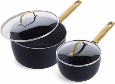 GreenPan Reserve Hartelox Ceramic Non-Stick Coating Cookware Set, 1.5QT and 3QT Saucepan Set with Lid, Gold-Colored Handle, PFAS-Free, Dishwasher Safe, Oven Safe, Black 4 Piece Set Black
