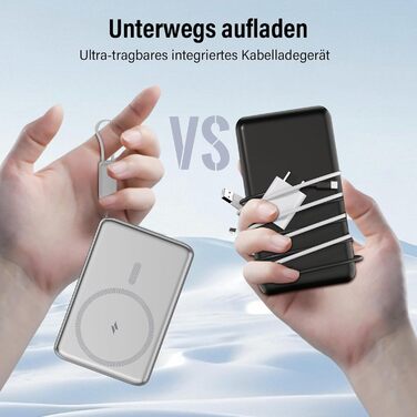 Power Bank MagSafe 5000mAh 20W PD з бездротовою зарядкою, USB-C, для iPhone 16/15/14/13/12, срібний