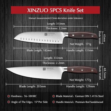 Набір кухонних ножів XINZUO Zhi Serie (5 шт.) з нержавіючої сталі 1.4116, професійний кухонний набір, сталеві леза, ручки з червоного сандалового дерева