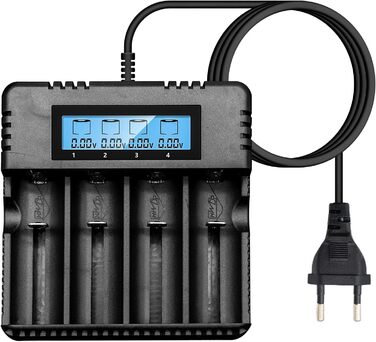 Зарядний пристрій для акумуляторів Li-Ion з LCD-дисплеєм: швидка зарядка 4 слоти, сумісний з 26650/18650/14500/16340