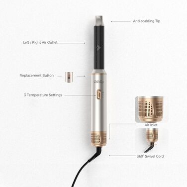 Мультистайлер для волосся 5 в 1 UKLISS Airstyler Pro 1000W: фен, кругла щітка для сушіння, завитки, випрямляч та гаряче повітря, сріблясто-золотий