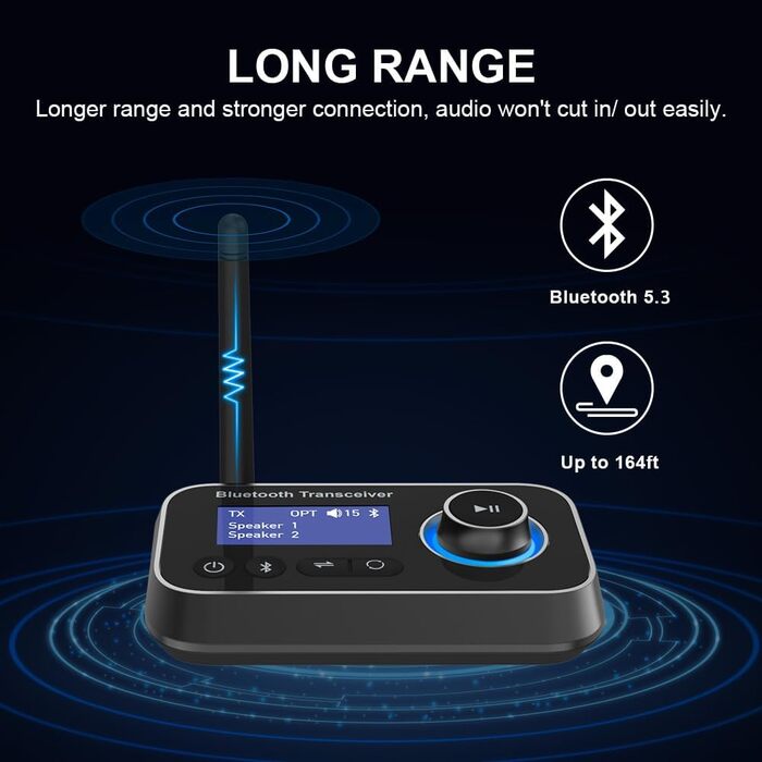 Bluetooth 5.0 Передавач/Приймач Аудіо Адаптер 3-в-1 для 2 Навушників з Низькою Затримкою, Регулюванням Гучності, AUX, Оптичний, RCA для TV, Стереосистеми, ПК (Чорний + Сірий)