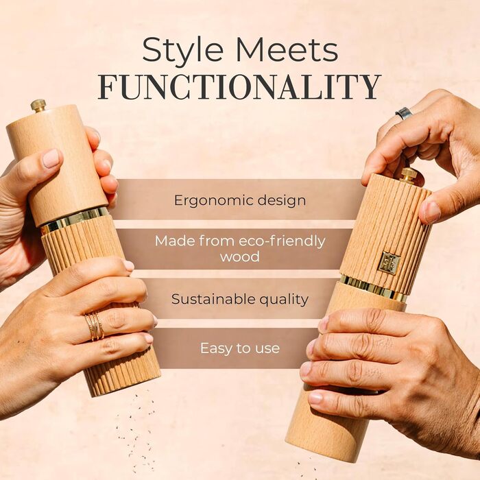 Набір для солі та перцю Styled Settings – 2 шт. ручні млини з регульованим керамічним жорном та дерев'яною підставкою. Ідеальний подарунок (бук).