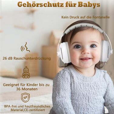 Навушники для захисту від шуму для малюків та дітей до 48 місяців - захист від шуму, регульоване антиковзне наголов'я, захист від пошкодження слуху, покращує сон, білий, універсальний розмір