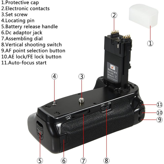 Набір батарейного блоку DSTE Pro з бездротовим пультом дистанційного керування 2.4G для Canon EOS 6D Mark II (замінник BG-E21)