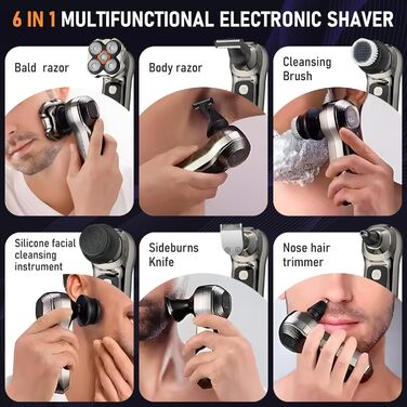 Електричний гоління для чоловіків Glatzen 6-в-1 з тримером для носа, для сухого та вологого гоління, USB-C, LED дисплей, IPX6