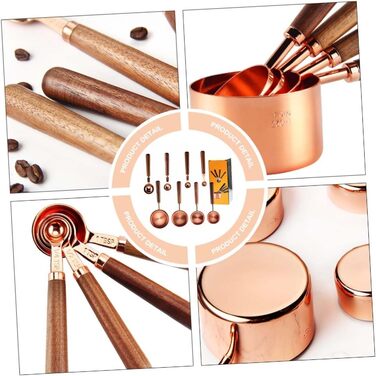 GREENADSCAPE 8-Piece Measuring Cup and Spoon Set for Bakers, Stainless Steel, Walnut Handle, Rose Gold, Multifunctional Kitchen Tool