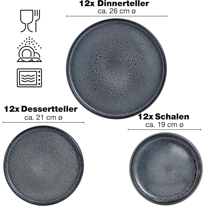 Moritz & Moritz SOLID 36-Piece Stoneware Dinnerware Set for 12 - 12-Piece Dinnerware Set consisting of 12 Dinner Plates, Small Plates, and Deep Plates (36-Piece)