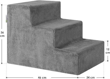 Juskys Pet Stairs Dog Stairs 36 cm - 3-Step Stairs, Washable Plush Cover - Cat Stairs Dog Ramp for Bed, Sofa, Couch and Car - Cover Grey