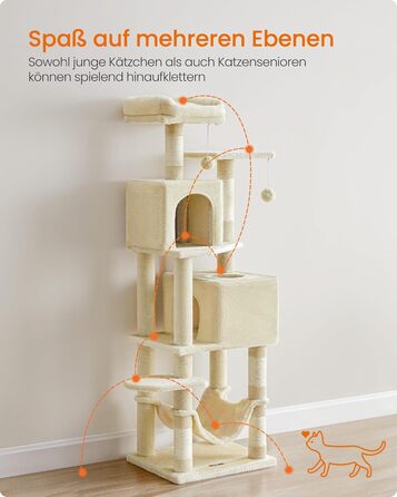 Драбина для котів Feandrea, 155 см, з 5 стовпчиками для шліфування, 2 платформами, 2 будиночками, гамаком, 2 іграшками-кульками, плюш, багатоярусна, бежева, PCT192M01