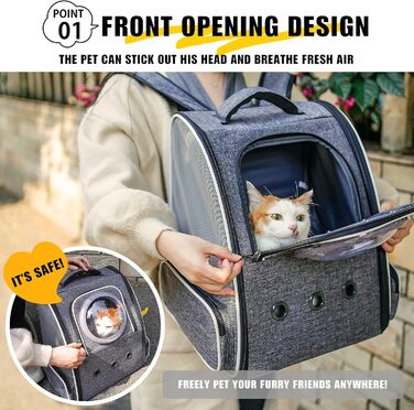Рюкзак-переноска для котів та собак PENCCOR, розширюваний, сірий. Зручний рюкзак-транспортер для подорожей з домашніми тваринами. Дихаючий рюкзак для великих котів та маленьких собак.