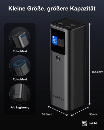 Power Bank AsperX 20000mAh, 165W, USB-C Кабель, для MacBook, Dell, HP, Lenovo, iPad, iPhone, Galaxy