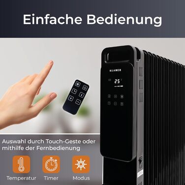 KLAMER Oil Radiator 2500 W, Electric Heater Energy-Saving, 13 Fins, 3 Heating Levels with Eco Mode, 24h Timer, Thermostat, Overheat & Tip-Over Protection, with Remote Control, for Indoor Use, Black