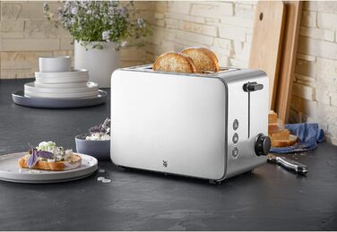 WMF Stelio 2-Slice Stainless Steel Toaster, Double-Slot Toaster with Bread Roll Attachment, Bagel Function, 7 Browning Levels, 900 W, Matte Stainless Steel Toaster