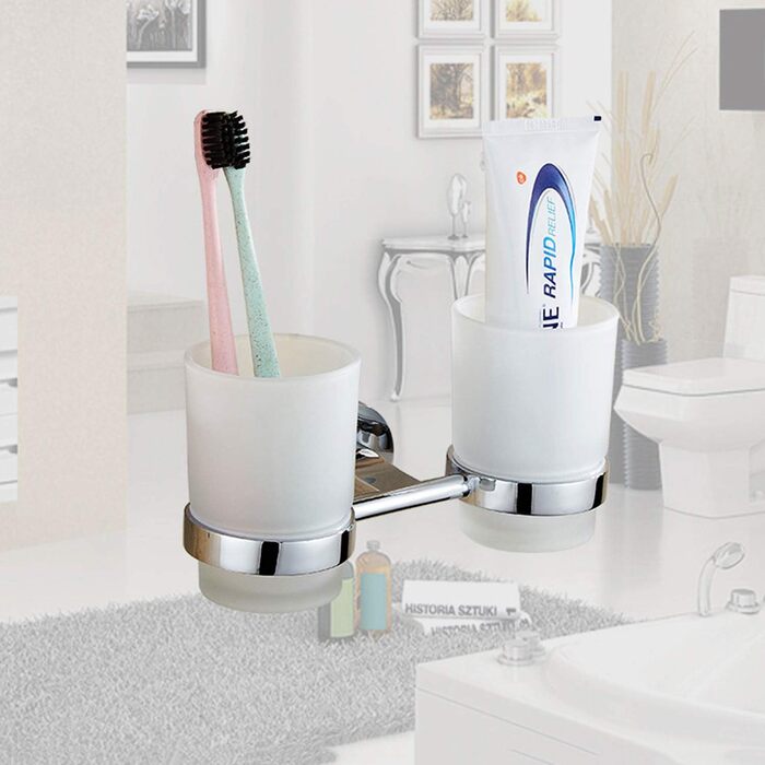 Double-Walled Glass Holder Toothbrush Holder Stainless Steel Double Wall Holder with 2 Glass Cups