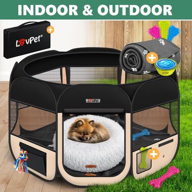 LOVPET® Foldable Pet Playpen with Food Bowl & Fleece Blanket - Indoor/Outdoor Dog & Cat Pen, Pop-Up Crate, Oxford Fabric, Grey/Black