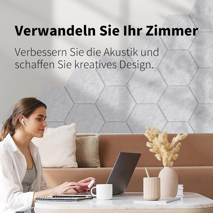 Самоклеючі гексагональні акустичні панелі для шумоізоляції стін та дверей, 24 шт, 1.4м², сріблясто-сірі, 100% поліестер, NRC 0.95