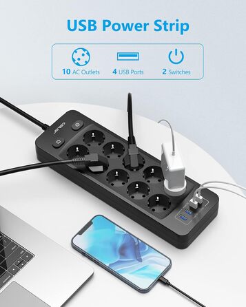 Мережева розетка JSVER 10 з USB, 4 порти зарядки, 16A, з вимикачем, 2м кабель, для смартфонів, ноутбуків, iPad – білий/чорний