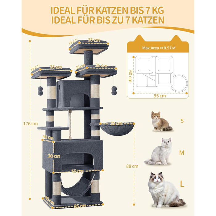 Кігтеточка для котів Hzuaneri, 176 см, XL, 3 платформи, 2 печери, 7 кігтеточних стовпів, гамак, плюшеві кульки, для багатокотових домівок, темно-сірий MS17618SG
