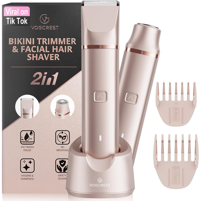 Електричний триммер для бікіні VG VOGCREST: безболісний жіночий депілятор для тіла, для рук, ніг, зони бікіні (рожеве золото)