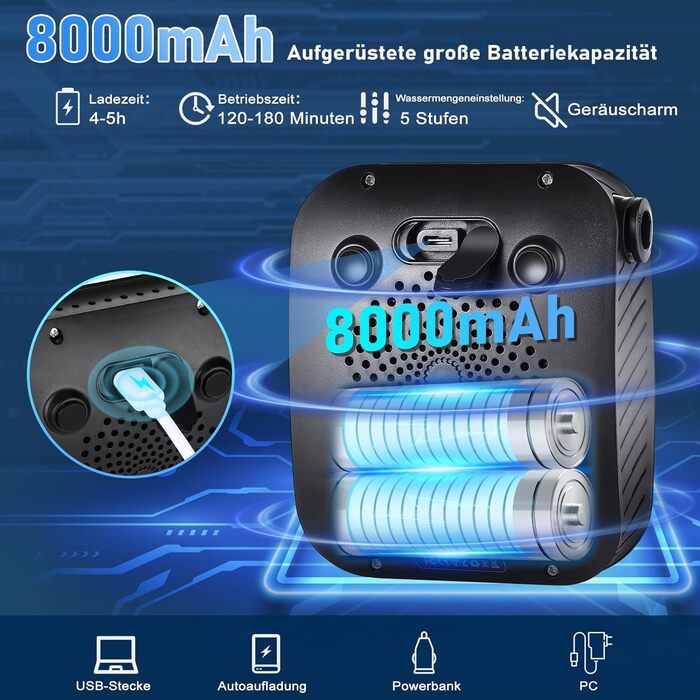 Camping Shower, [8000mAh] Portable Camping Shower with Pump and Temperature Gauge, Mobile Outdoor Shower Set with Showerhead and 2M Hose for Camping, Garden, Car Washing, Beach, Travel, Pet