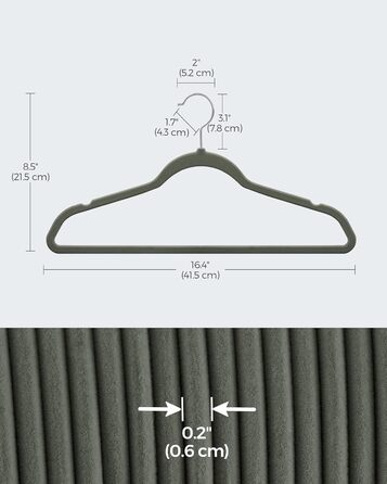 SONGMICS Плечики для одягу з оксамиту, 20 шт., для сорочок, жакеток, костюмів, 41.5 см, обертовий гачок, сірий