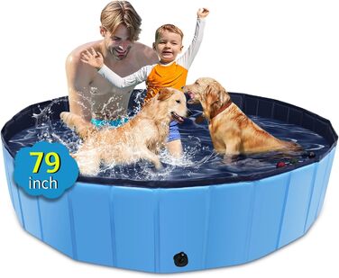 Foldable Dog Pool, 100 x 30.5 inches, Oversized, Hard Plastic, Portable, Swimming Pool for Dogs, Cats, and Children, Pet, Puppy Bathtub, Foldable, Kiddie Pool (Blue, 200cm)