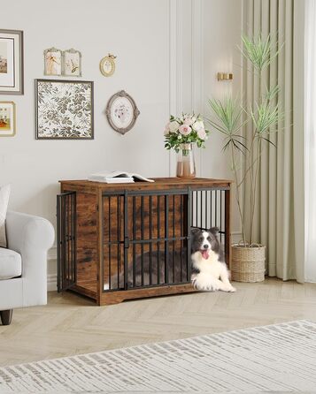 Клітка для собак Hzuaneri, 110 см, 2 двері, сучасний дизайн, для собак малих, середніх та великих порід (до 100 кг), з функцією приліжкового столика, посилена ковзна дверцята, 65 × 110 × 81 см, колір Vintage Brown, DFC84401B