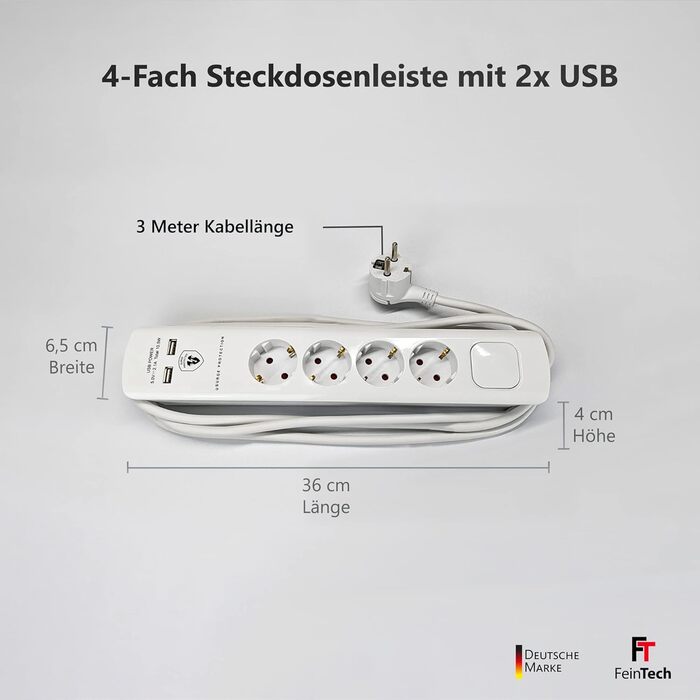 Стрічка розеток FeinTech MD000632 6-fach з USB та захистом від перенапруги, 3680 Вт, біла (4 розетки, 3 м кабель)