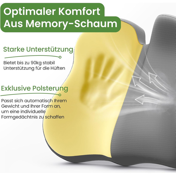 Подушка для сидіння з піни з пам'яті для куприкового болю, ергономічна подушка Coccyx для офісу, дому, авто та інвалідного візка, антиковзаюча основа (Сіра)