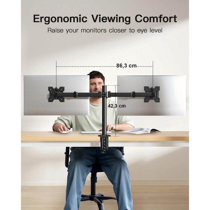 Кріплення для монітора HUANUO для 2 моніторів, 13-30 дюймів, геймерське, регулювання висоти, нахил, поворот, 10 кг/arm, VESA 75/100