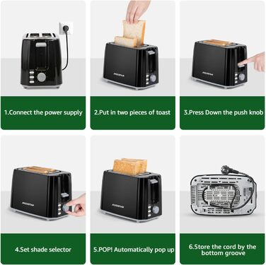 Тостер Aigostar 750W з 7 рівнями підсмажування, функціями розморожування та підігріву, 2 слоти для тостів, чорний