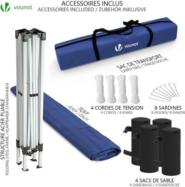 VOUNOT® Foldable Gazebo 3x3m, with 4 Sandbags, Pop-Up Gazebo, UV Protection 50+, (Blue)