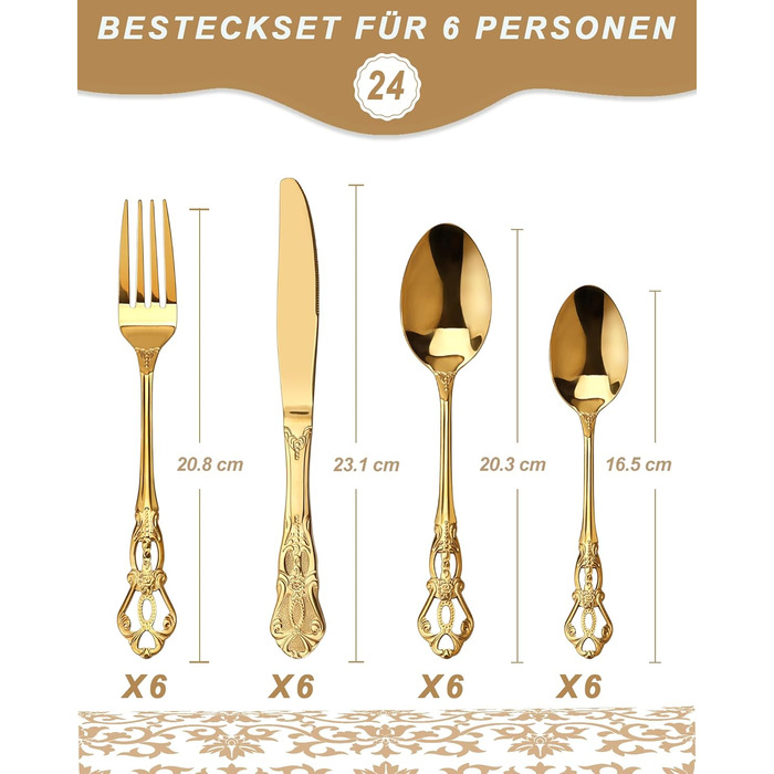Набір столових приборів Retro Gold на 6 осіб, 24 предмети, нержавіюча сталь, античний бароковий дизайн, золотий колір