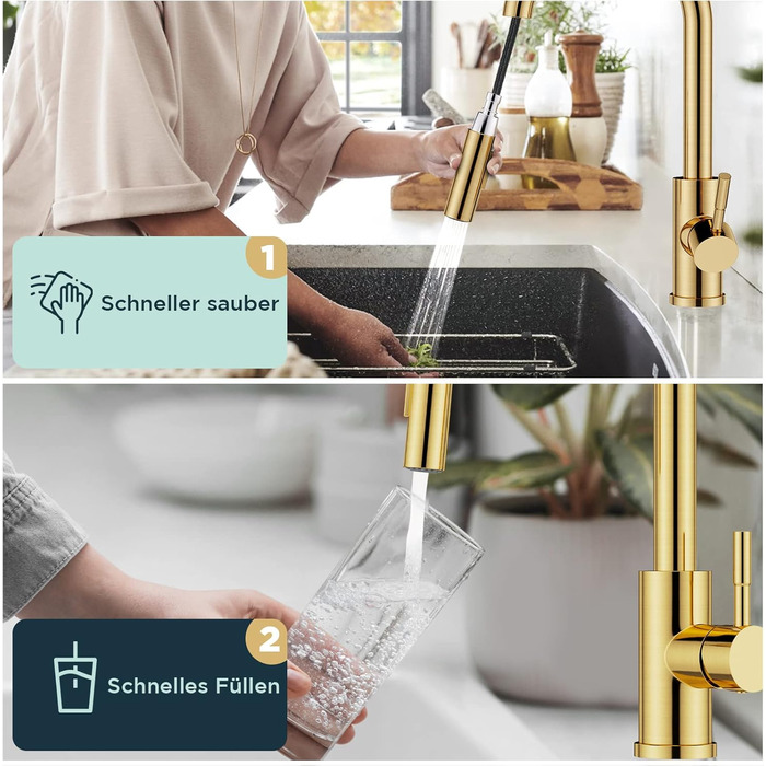 Кран кухонний FORIOUS, Чорний, з висувною лійкою, поворотний на 360°, з покриттям Gold