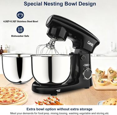 Кухонний комбайн-міксер Camic з LED-дисплеєм, 10 швидкостей, 3 насадки (вінчик, міксер, гак) та 2 чашами з нержавіючої сталі 4л і 5л для тіста, хліба та тортів, чорний