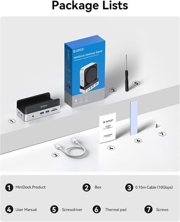 ORICO MiniDock: Док-станція та підставка для Mac mini M4/M4 Pro з корпусом для NVMe SSD, USB-C хаб з 4K HDMI, DisplayPort, SD/TF 3.0, USB-C/A 10Gbps, PD 100W - VS10 (6-в-1, DIY)